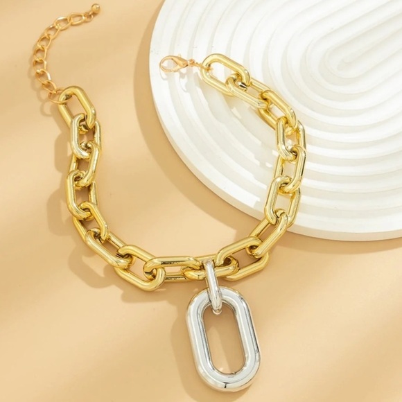 Gold Exaggerated Multilayer Statement Necklace Bicolor O Link Toggle - Picture 7 of 7